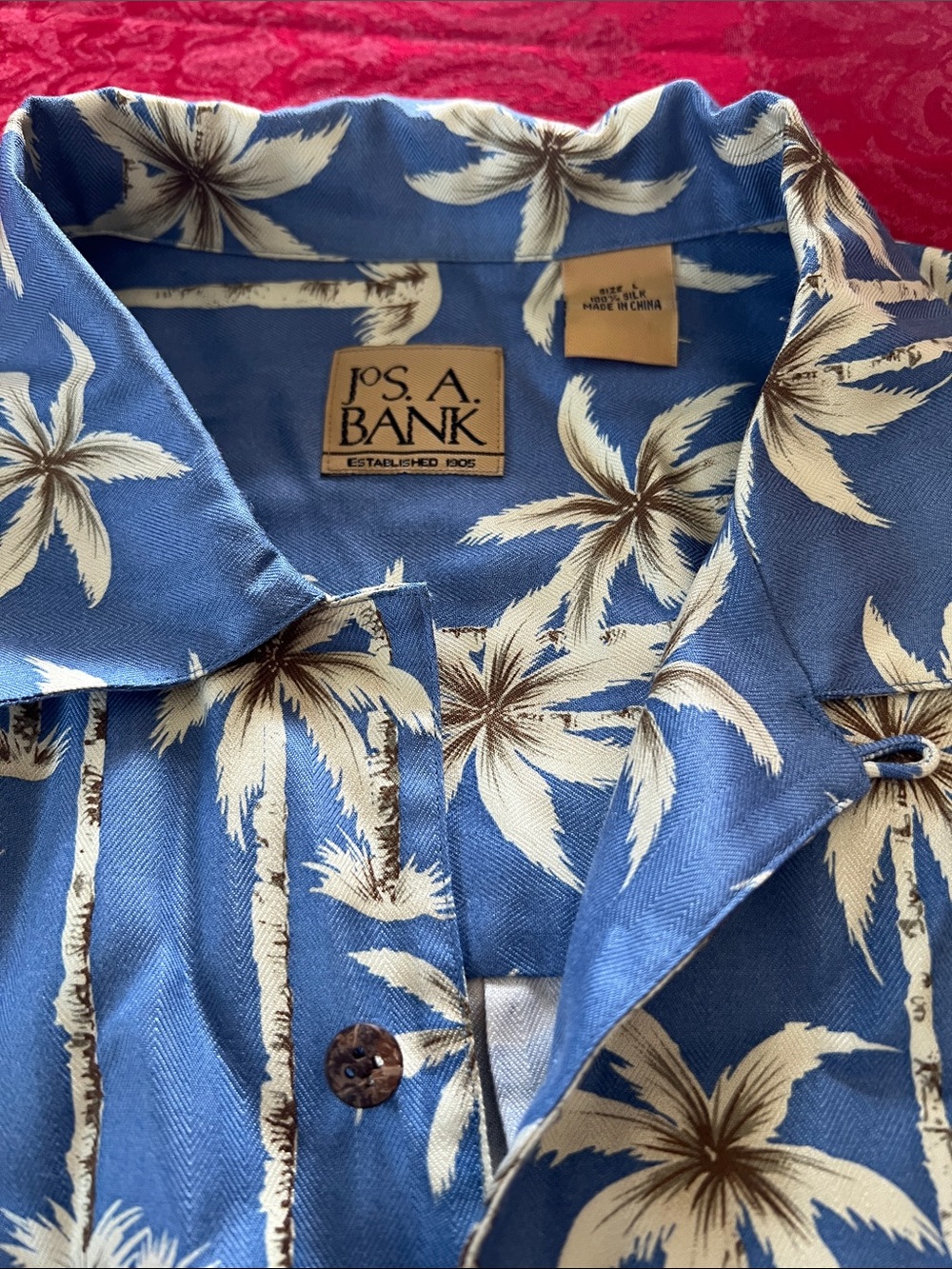 Jos. A. Bank Silk Hawaiian Camp Shirt Blue Palm Tree Print Men's Large